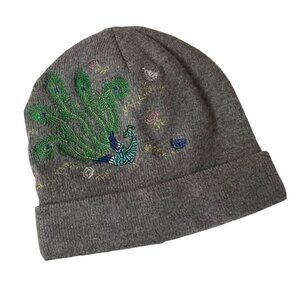 Mixit Gray Knit Beanie With Embroidered Colorful Peacock Design - One Size